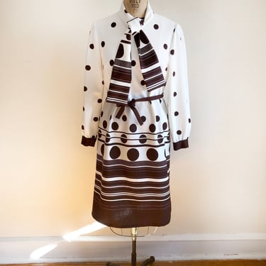 Brown and Cream Placement Print Polka Dot Dress with Tie - 1970s 