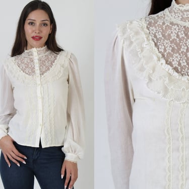 Off White Plain Gunne Sax Blouse / Ivory Jessica McClintock Tunic / Vintage Plain Victorian Shirt / 70s Gunnies Sheer Lace Top 