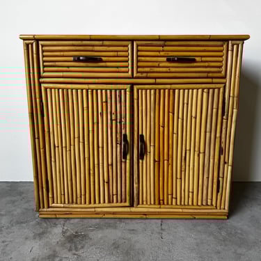 Vintage Coastal Bamboo Small Bar Cabinet With Brass Handles 