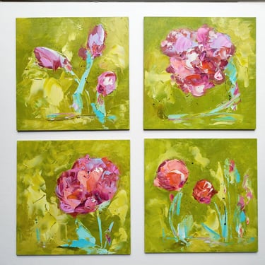Expressive Oil Painting - Chartreuse Red Flowers - SET OF 4 - Abstract Floral Oil Painting Square - Daily Painter Art 