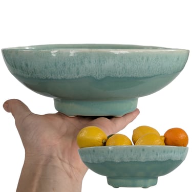 Vintage Drip Glaze Pottery Planter, Oblong Pastel Green Pedestal Fruit Bowl 