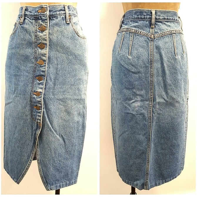 Vintage 90s Jean Skirt Size Small Denim Blue Bandage Button Front Cottage