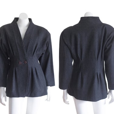 1980s dark gray wool coat with large shoulder pads 
