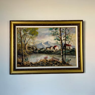 1960's Pierre Maxim Impressionist Rural Lake Landscape Oil on Canvas Painting 