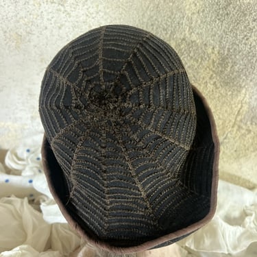 Antique 1920s Spider Web Embroidered Hat Black Felt Cloche Chenille Embroidery