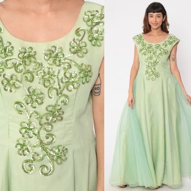Green Chiffon Gown 60s Party Dress Sequin Maxi Floral Cocktail High Waisted Full Skirt Long Formal Prom Sixties Vintage 1960s Large L 