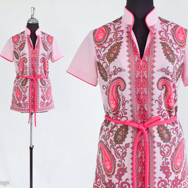 Shaheen | 1970s Pink Paisley Shirt  | 70s Pink  Polyester Knit Top | Miss Shaheen |  Medium 