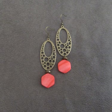 Mid century modern earrings, statement bohemian earrings, bold earrings, coral mother of pearl shell earrings, boho bronze earrings 