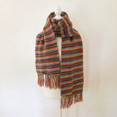 70s/80s Rainbow Striped Hand Knit Fringed Large Winter Scarf 