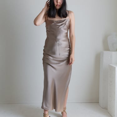 Vintage taupe silk charmeuse bias cut shimmery midi spaghetti strap dress // S-M (2405) 