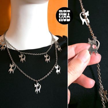 So Cute Vintage 70s Silver Colored Cats Long Chain Necklace 