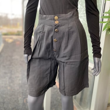 OLLIE Vintage High Waist Long Shorts - Size 5 - 1980s 80s Faded Black Baggy Chic Button Zip Funky Retro Pockets Pleated 
