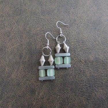Mid century modern earrings, Brutalist earrings, minimalist earrings, pale green unique artisan earrings, frosted sea glass earring, pewter 