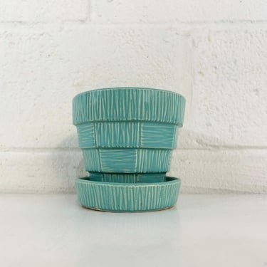 Vintage McCoy Basketweave Teal Blue Planter Minimal Brush Attached Saucer Mid-Century Pottery Pot Mid Century Modern USA 1950s 50s MCM 