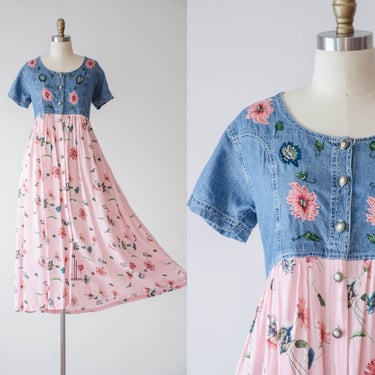 cute cottagecore dress | 90s vintage embroidered denim pink floral flowy rayon tie back midi dress 