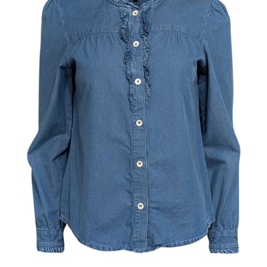 A.P.C. - Indigo Chambray Shirt w/ Ruffle Trim Sz 6