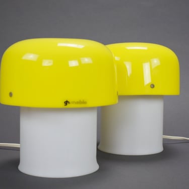 Set of 2 Mushroom Lemon Yellow & White Meblo Guzzini Table Lamps, Luiggi Massoni Design, Nightstand Retro Light, 70's Lamp Design, Mushroom 