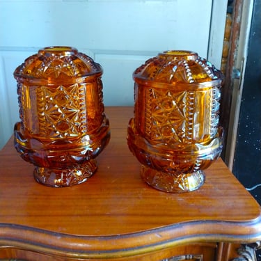 VINTAGE Pair Indiana Fairy Lamps, Stars and Bars Amber Glass, Home Decor 