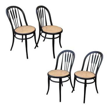 Antique Bentwood Cafe Woven Cane Seat Dining Chairs in Black - Set of 4