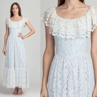 70s Blue & White Lace Gown - Petite XS | Vintage A Line Ruffle Bib Trim Boho Formal Maxi Dress 