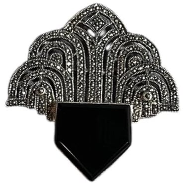 Brooch Vintage Marcasite Sterling Silver and Black Onyx, 925 Bfrooch,Sterling Silver Black Onyx Marcasite Pin, Art Deco Brooch, Collectors 