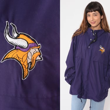 Minnesota Vikings Jacket 90s Football NFL Windbreaker Hooded Sports Jacket 1990s Vintage Retro Purple Oversize Hoodie Jacket Large L 