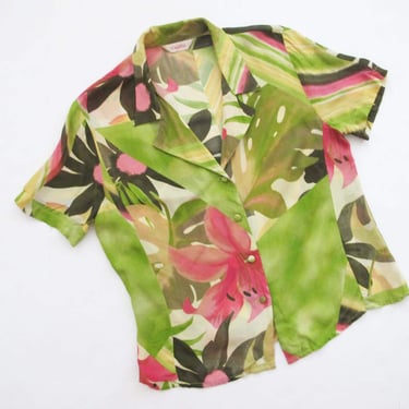Vintage 70s Tropical Floral Top M - 1970s Jungle Lime Green Pink Collared Short Sleeve Blouse - Vacation Tiki Womens Shirt 