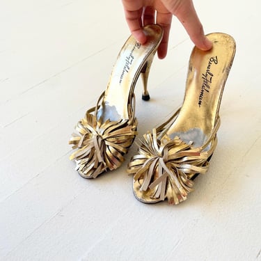 1950s Gold Fringed Pom Pom Mules 