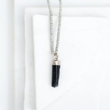 Silver Tone Trade Beads Long Necklace with Black Tourmaline Pendant