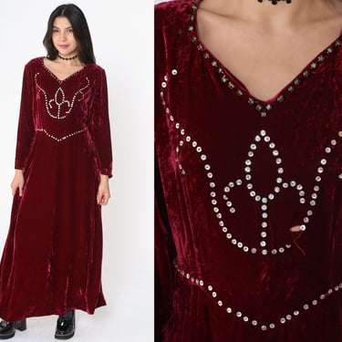 Velvet Maxi Dress 80s Red Sequin Party Dress 1980s Gown High Waisted Long Sleeve V Neck Sequined Boho Hippie Festival Formal Costume Large L 