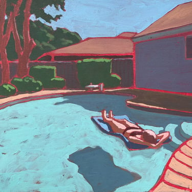 Pool #144 - Original Acrylic Painting on Canvas 20 x 16, michael van, sky, mid century modern, retro, blue, woman, bathing, swimming 