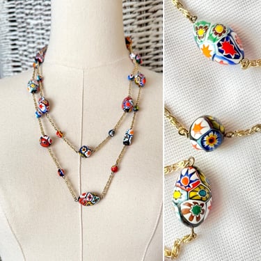 Millefiori Beads Necklace, Long Length, Gold Tone Chain, Multi Color Statement Jewelry, Vintage 
