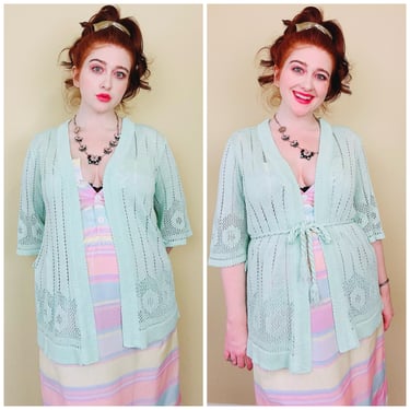 1970s Rochelle Acrylic / Nylon Mint Green Cardigan / 70s / Seventies Belted Pointelle Sweater / Size Large 