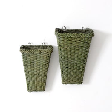 vintage green wicker wall baskets pair 