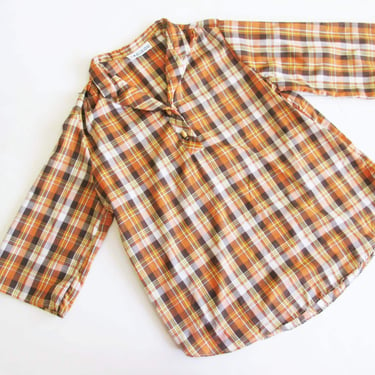 Vintage 70s Plaid Tunic Blouse M - 1970s Orange Brown Trapeze Shirt - Boho 70s  Wide Sleeve Top 