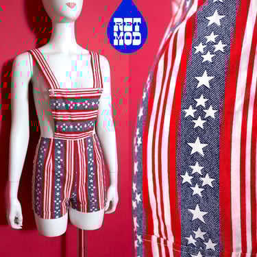 RARE ICONIC Vintage 60s 70s Red White Blue Stars & Stripes Cotton Shorttalls Playsuit 