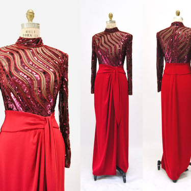 90s Vintage Red Sequin Beaded Dress Evening Gown Bob Mackie Medium// Vintage Red Sequin Beaded Evening Gown Dress Long Sleeves Cher 