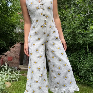 Vintage 1960s Floral Jumpsuit Button Front Sleeveless Petite Small by TimeBa
