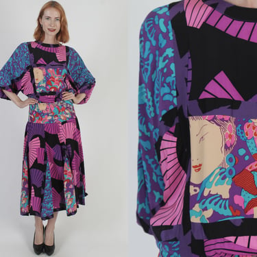 Diane Freis Faces Silk Dress Vintage 80s Mandarin Print Fres Asian Fan Material Bright Color Cocktail Party Dress 