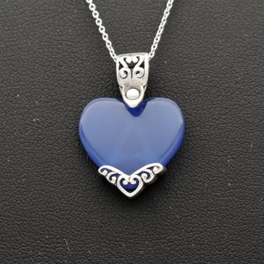 80's Jezlaine sterling agate slice heart enhancer pendant, ornate Jez 925 silver blue chalcedony necklace 