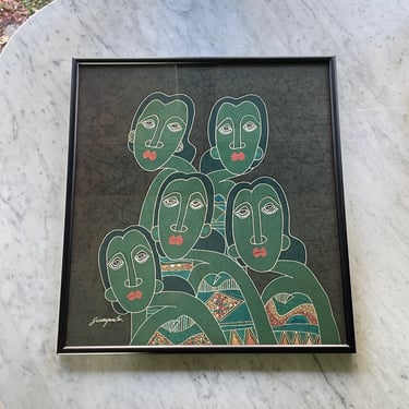 Vintage Sunyanto Signed Batik of Faces Art Work Framed 