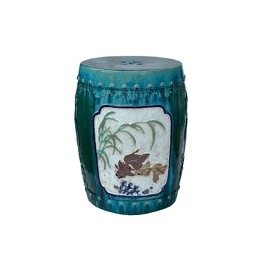 Asian Round Turquoise Green Flower Bird Fish Motif Clay Garden Stool Table ws3544E 