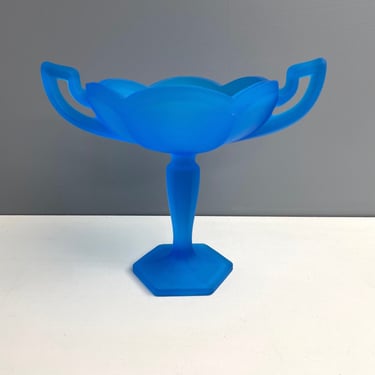 Westmoreland cerulean blue satin glass footed compote - vintage glass 