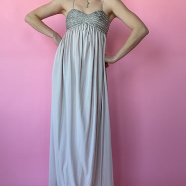 1970s Silver beaded Empire Waist Gown, sz. XS