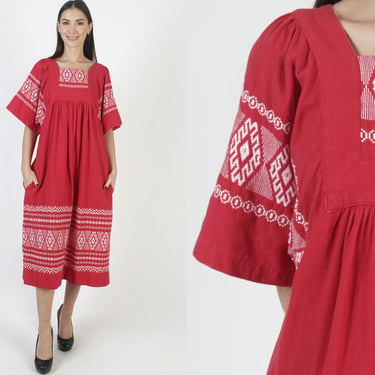 Traditional Aztec Embroidered Guatemalan Dress, Zig Zag Mexican Bell Sleeves, Heavyweight Cotton Midi With Pockets 