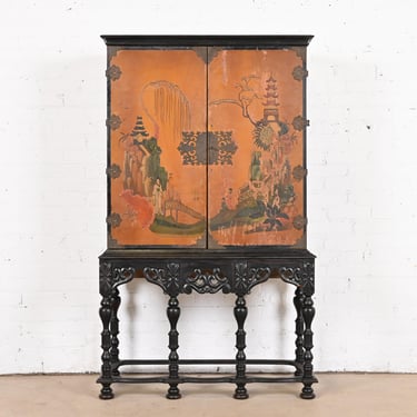 Antique Chinoiserie Jacobean Hand Painted Bookcase or Bar Cabinet, Circa 1900