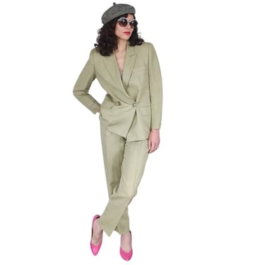 Vintage 80s Designer Pant Suit Pale Green Linen Collectible Gold Giorgio Sant Angelo 