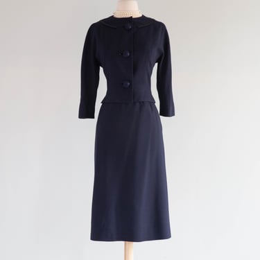 Elegant 1950's Navy Blue Wool Suit By Zelinka Matlick / SM