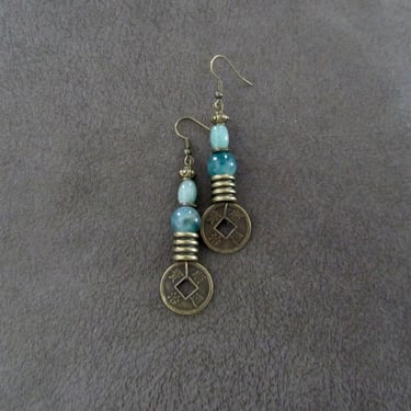 Asian coin earrings, jadeite and bronze 