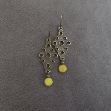 Mother of pearl earrings, shell statement earrings, bohemian earrings, bold earrings, mid century modern, bronze earrings 5 